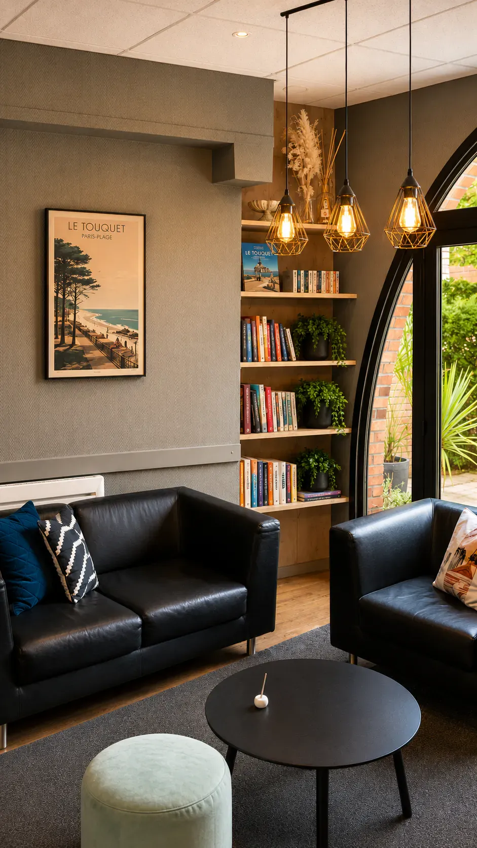 Le bar — fauteuils et bibliothèque
