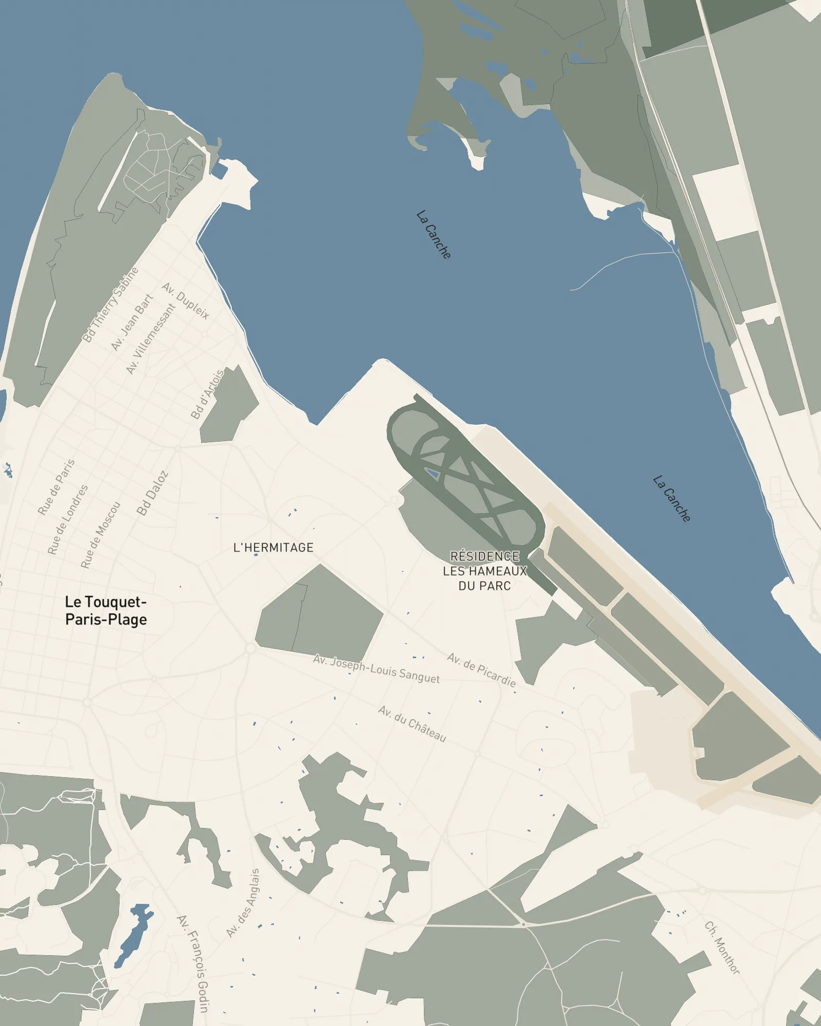 Plan du Touquet centré sur l'Hippotel — forêt domaniale, estuaire de la Canche